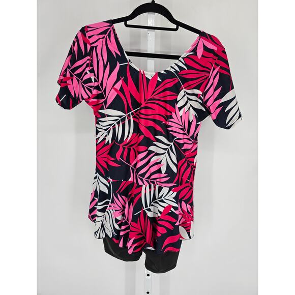 Womens Sz XL One Piece Swimsuit Swim Dress Modest Pink Black Tropical Print - Picture 1 of 3